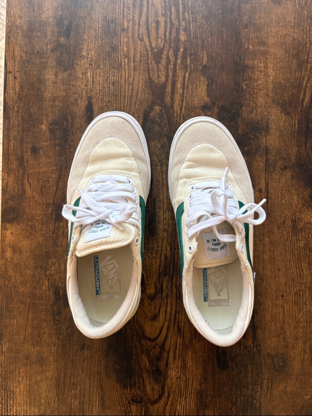 Vans Low-Top Canvas Sneakers in Cream with Green Stripe